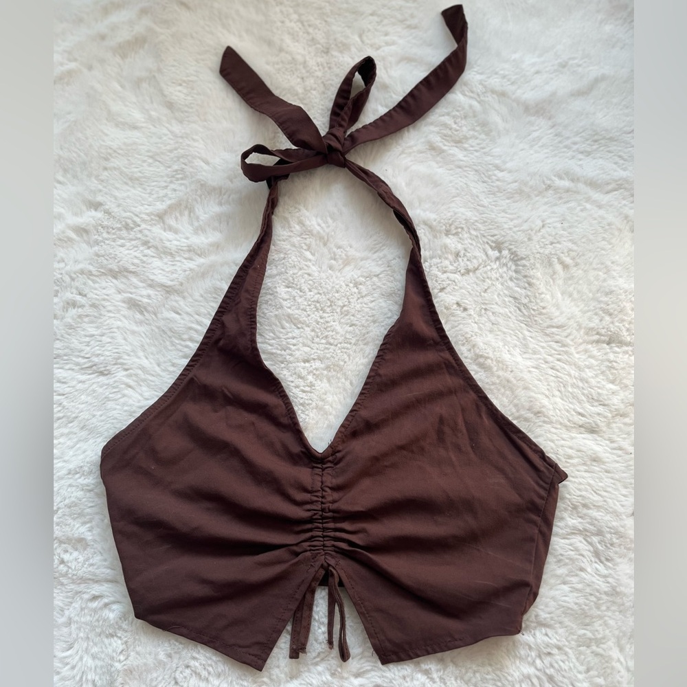 H&M Brown Ruched Tie Front Crop Top